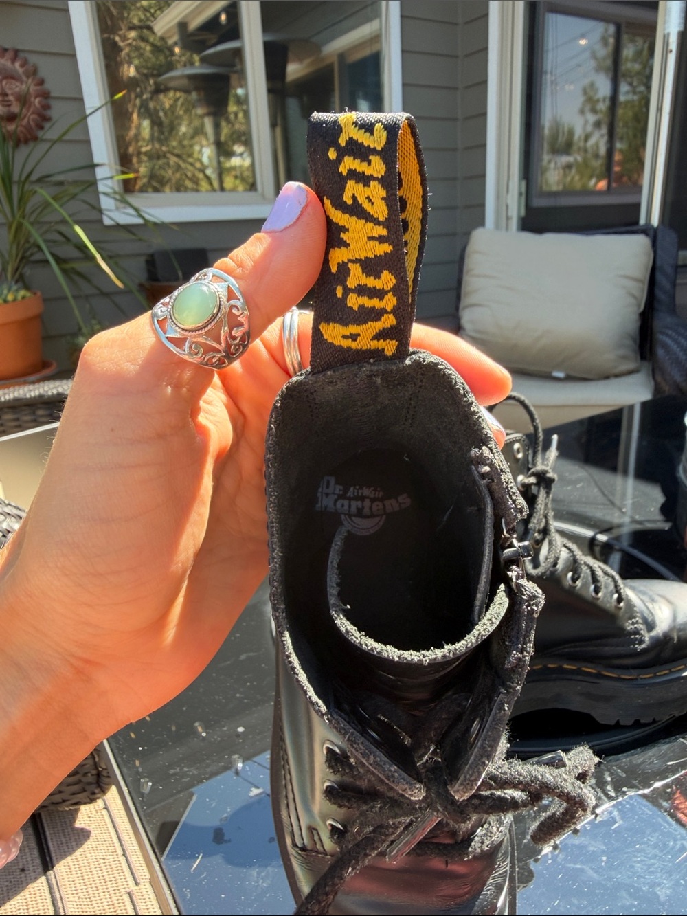 Dr. Martens Black Platform Lace-Up Boots with Yellow Heel Loop - Picture 7 of 11